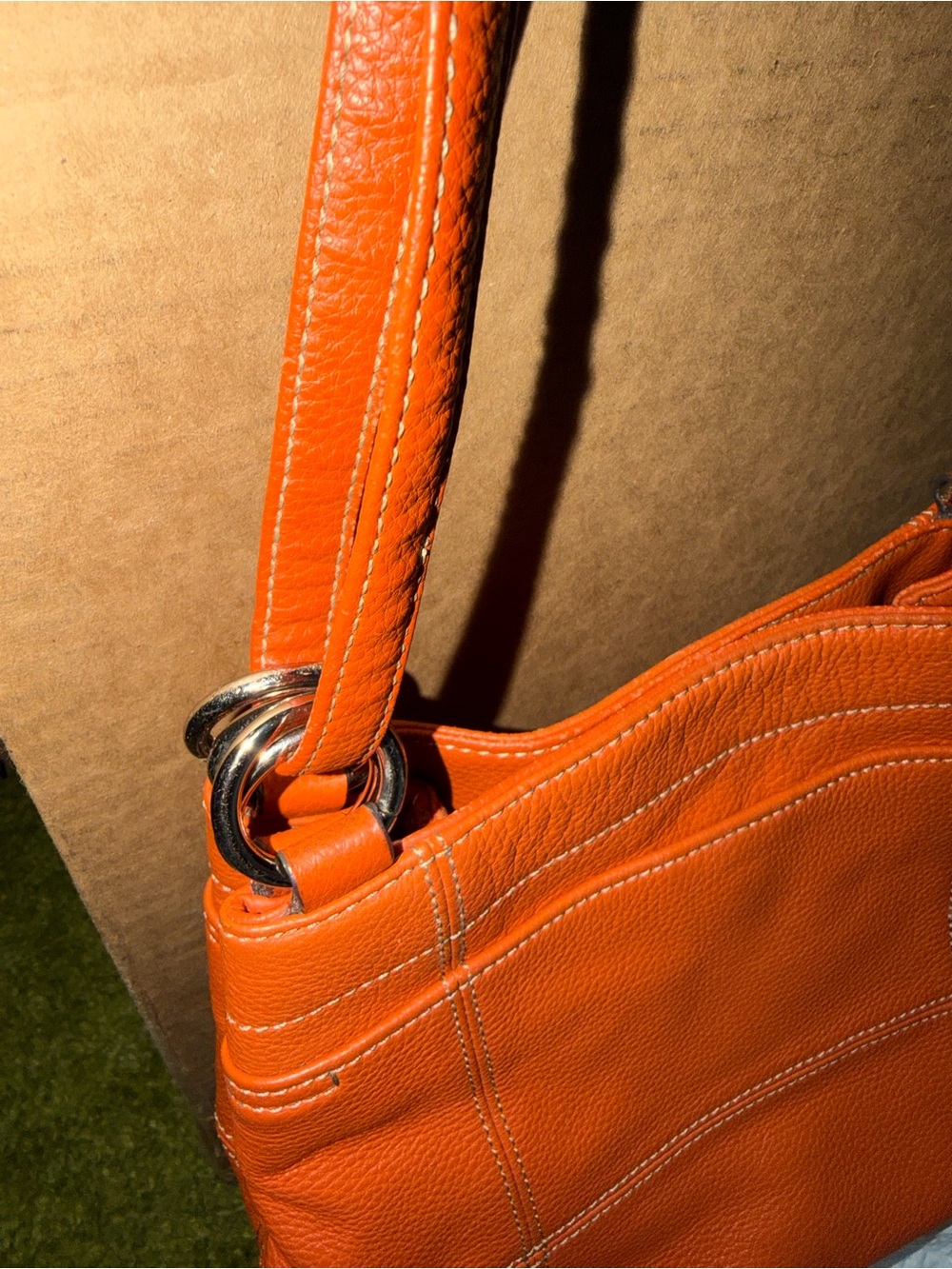 Tignanello Tangerine Orange Pebbled Leather Multi Pocket Shoulder Hobo Bag - Picture 4 of 12